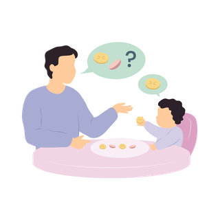 A dad and baby have pieces of bananas and grapes laid out on a table in an alternating pattern. The dad asks whether a banana or grape should go next in the line and the child holds up a banana.