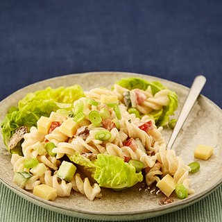 A plate of pasta salad with tomatoes, cucumber and spring onions, on a bed of lettuce