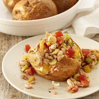 Jacket potato topped with a mixture of tuna, beans and red peppers