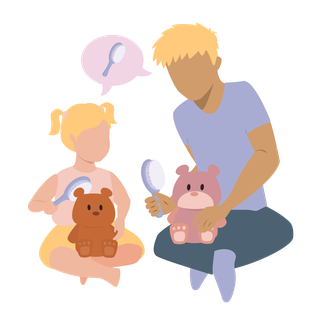 A child and dad are sitting on the floor with a teddy each between their legs. They are both brushing the hair of their teddy and talking about it.