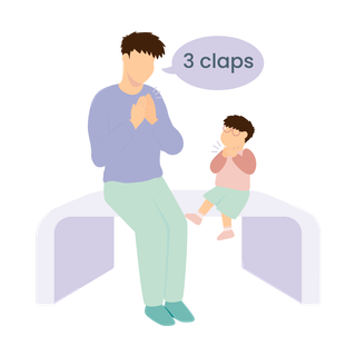 A child and dad are sitting on a bench, the dad asks them to clap 3 times and the child claps.