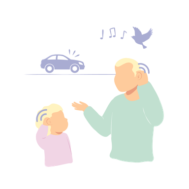 A child and their parent are holding their ears listening to a car and bird tweet.