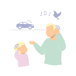 A child and their parent are holding their ears listening to a car and bird tweet.