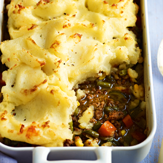 Mash-topped pie filled with minced beef, carrots, courgettes and beans
