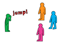 A person shouting jump. 3 other people standing still