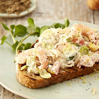 Toast topped with a prawn, cucumber, mackerel and yoghurt mixture