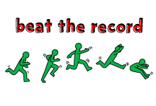 A person jumping from a big run-up. The words "Beat the record" are written above the jumping person