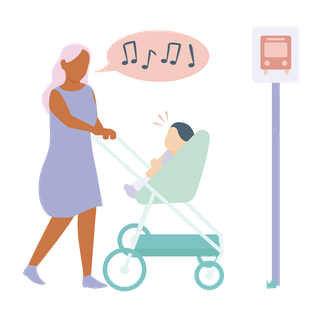 A mum is with a baby in a pram and she is singing to the baby while they wait for a bus.