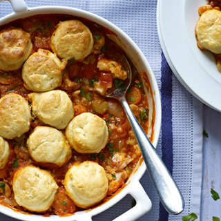 Vegetable and lentil casserole topped with mini scones