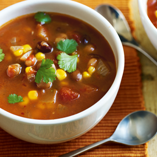 Spicy tomato soup made with tomato, beans and sweetcorn