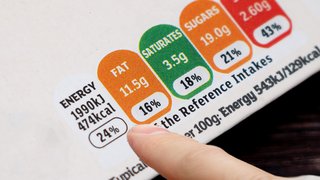Food label showing fat, saturated fat and sugars.