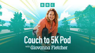 Presenter Giovanna crouched and tying a shoe, with the BBC logo and text reading Couch to 5K Pod.