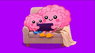 Illustrated big and little brain look at a screen together.