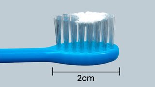 Toothbrush showing a smear of toothpaste around the size of a grain of rice.