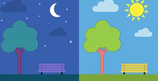 Side-by-side illustrated scene of a park, one at night, one during the day