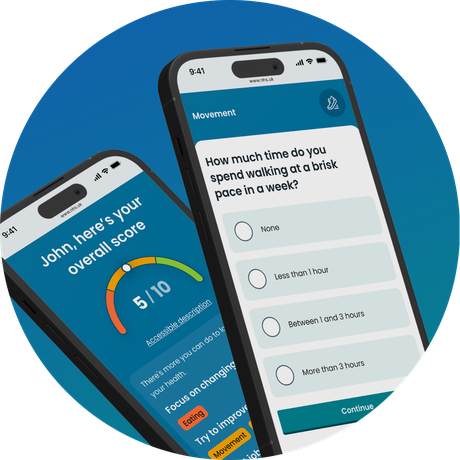 2 phone screens showing a representation of a question and result from the Healthy Choices Quiz.