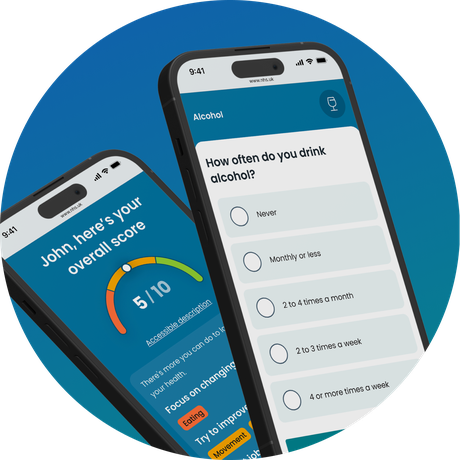 2 phone screens. One screen shows one of the a question asking how often you drink alcohol and the second is an example of the result page. There is a numerical score and graph.