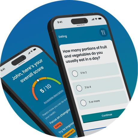 2 phone screens showing a question and a result from the Healthy Choices Quiz.