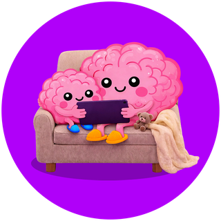 Illustated, a big and little brain sit on a sofa using a screen together.