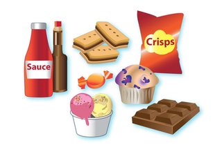 Examples of foods high in fat, salt and sugar, including ketchup, biscuits, crisps, cake, ice-cream and chocolate. These sit outside the main oval