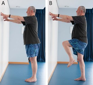 A man standing up straight in front of a wall with arms stretched straight in front and fingertips touching the wall. Then in the same position but standing only on the right leg with the left knee raised.