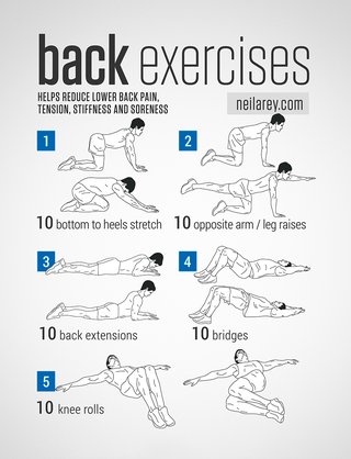 An image of back exercises. While kneeling, do 10 bottom to heels stretches and 10 opposite arm and leg raises. While lying on your front do 10 back extensions. While lying on your back do 10 bridges and 10 knee rolls.