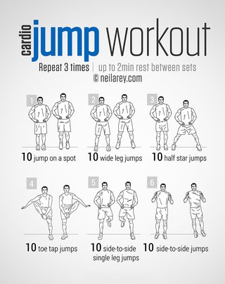 An image of exercises. Repeat 3 times and rest for 2 minutes between sets. 10 jumps on the spot, 10 wide leg jumps, 10 half star jumps, 10 toe tap jumps, 10 side-to-side single leg jumps, 10 side-to-side jumps.