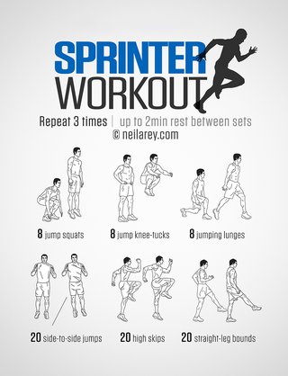 Image of exercises. Repeat 3 times with a 2-minute rest between sets. 8 jump squats, 8 jump knee tucks, 8 jumping lungs, 20 side-to-side jumps, 20 high skips, 20 straight leg bounds.