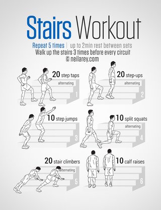 An image of exercises you can do with stairs. Repeat 5 times and rest for 2 minutes between sets. 20 alternating step taps, 20 alternating step ups, 10 step jumps, 10 split squats, 20 stair climbers, 10 calf raises with your feet on the edge of a stair.