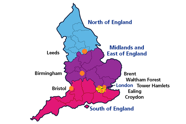 A map showing the location of National FGM Support Clinics in England
