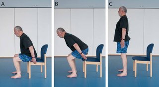 3 images showing a sequence of 3 moves starting with sitting on a chair, slowly rising up from the chair using your legs only and ending in a standing position.