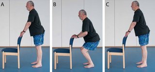 3 images showing someone doing a sequence of 3 different positions. The first move shows someone standing behind a chair with their hands on the back of the chair, the second shows someone bending their knees slowly with their back straight and the third image shows someone returning to a standing position.