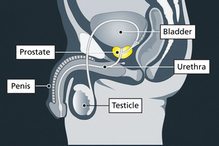 Diagram showing where the prostate gland is, under the bladder and behind the penis.