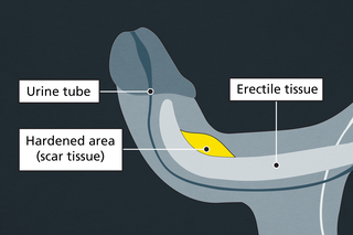 Diagram of a penis with labels showing the tube that pee passes through (urethra) and a hardened area (scar) on the top side of the erectile tissue, which makes the penis curve upwards.