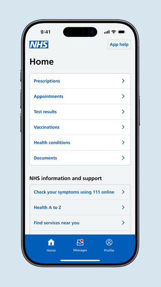 The home screen of the updated NHS App, showing options including prescriptions, appointments and test results.