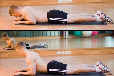 Two pictures. Top: man lying face down in back extension start position. Bottom: man doing back extension stretch.