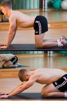 Two pictures. Top: a man on all fours in stretch start position. Bottom picture: a man doing the bottom to heels stretch.