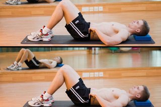 Two pictures. Top: Man on back in abdominal strengthening start position. Bottom: man doing deep abdominal stretch.