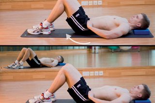 Two pictures. Top: man in pelvic tilt start position. Bottom: man doing pelvic tilt.