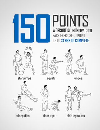 An image of exercises. Each exercise is 1 points. Star jumps, squats, lunges, tricep dips, floor taps, side leg raises.
