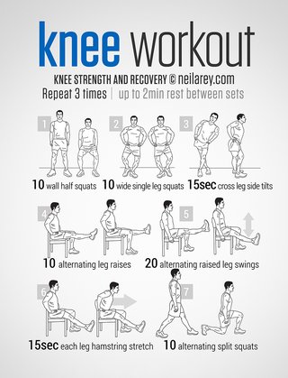 An image of knee exercises. Repeat 3 times and rest for 2 minutes between sets. 10 wall half squats, 10 wide single leg squats, 15 seconds cross leg side tilts, 10 alternating leg raises, 20 alternating raised leg swings, 15 seconds stretching each hamstring, 10 alternating split squats.
