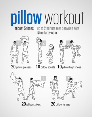 An image of exercises using a pillow. Repeat 5 times and rest for 2 minutes between sets. Raise the pillow above your head and down again 20 times, squat with the pillow behind your neck 10 times, hold the pillow in front of you and raise your knees to touch the pillow 10 times. Strike the pillow away from you 20 times. Lunge with the pillow in front of you 20 times.