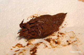 Kotoran coklat dengan cacing putih kecil, tipis, di atas kertas tisu putih.