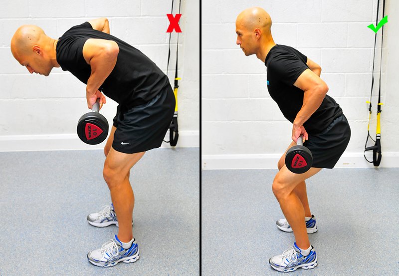 Side-by-side comparison of someone hunching their back during a bent over row, and someone maintaining a straight back