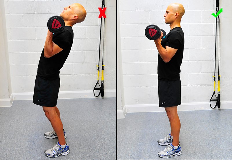 Side-by-side comparison of a person lifting too much weight so leaning back, and someone lifting the correct amount of weight with a straight back